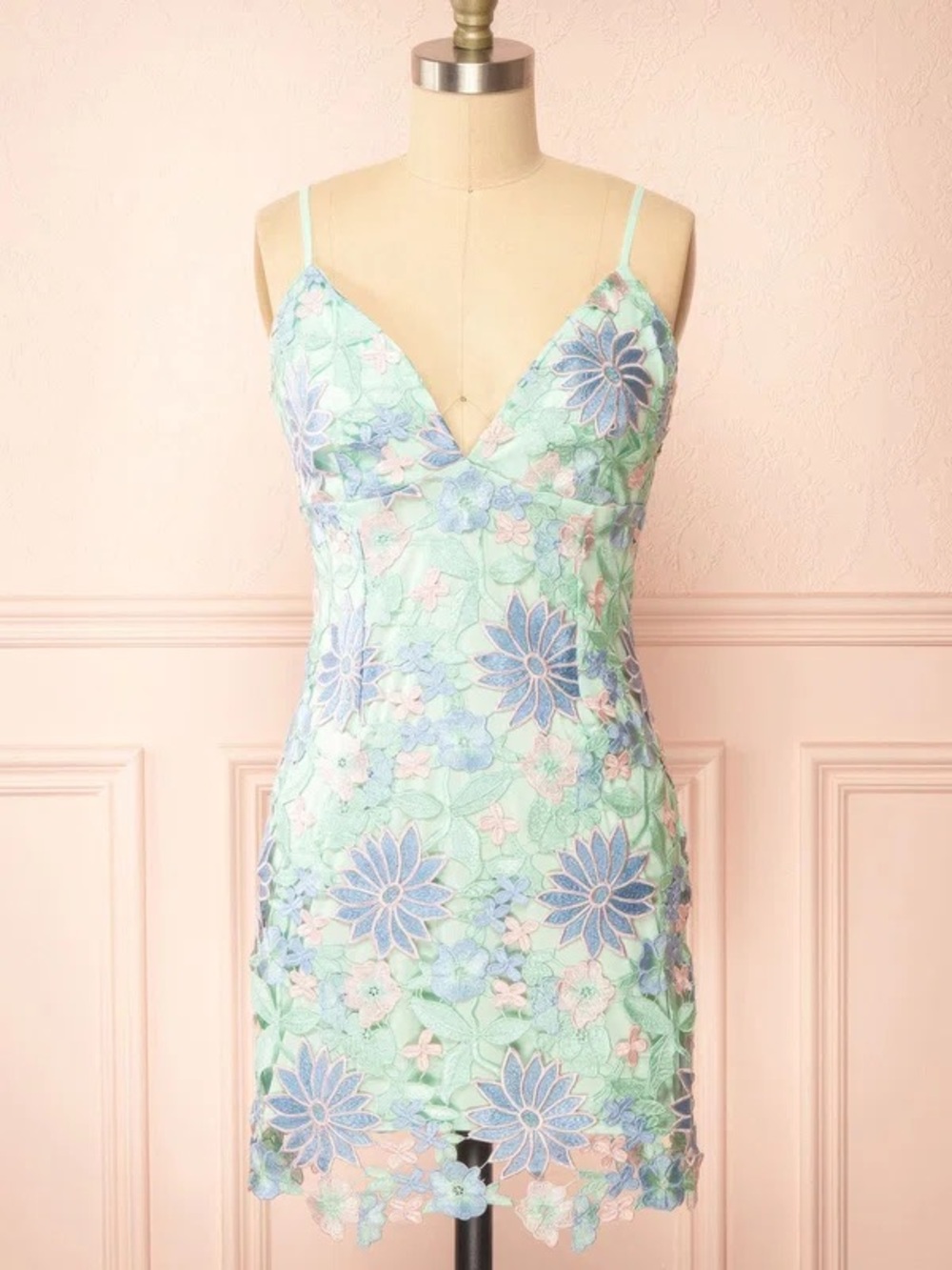 Storia Mint Lace Slip Dress with Blue & Pink Floral Embroidery